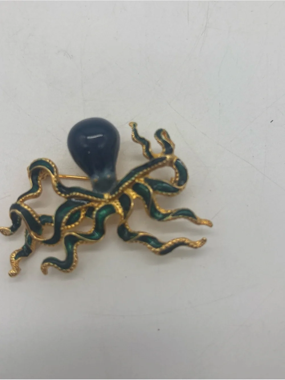 Gold-Tone Green Enamel Octopus Brooch with Dark Blue Glass Head